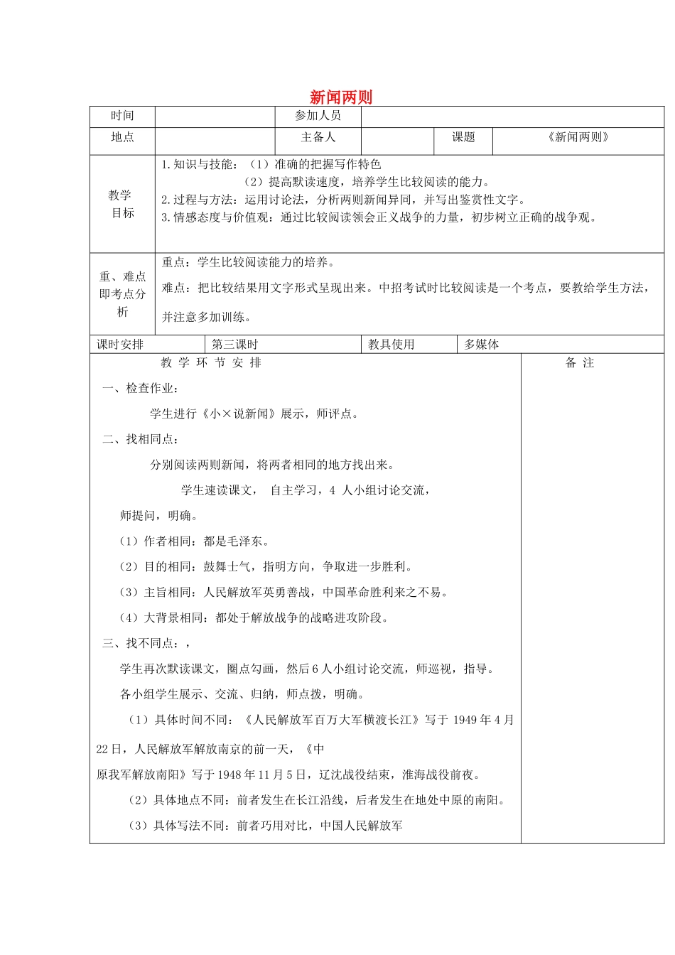 河南省洛阳市下峪镇八年级语文上册《新闻两则》第三课时教案 新人教版_第1页