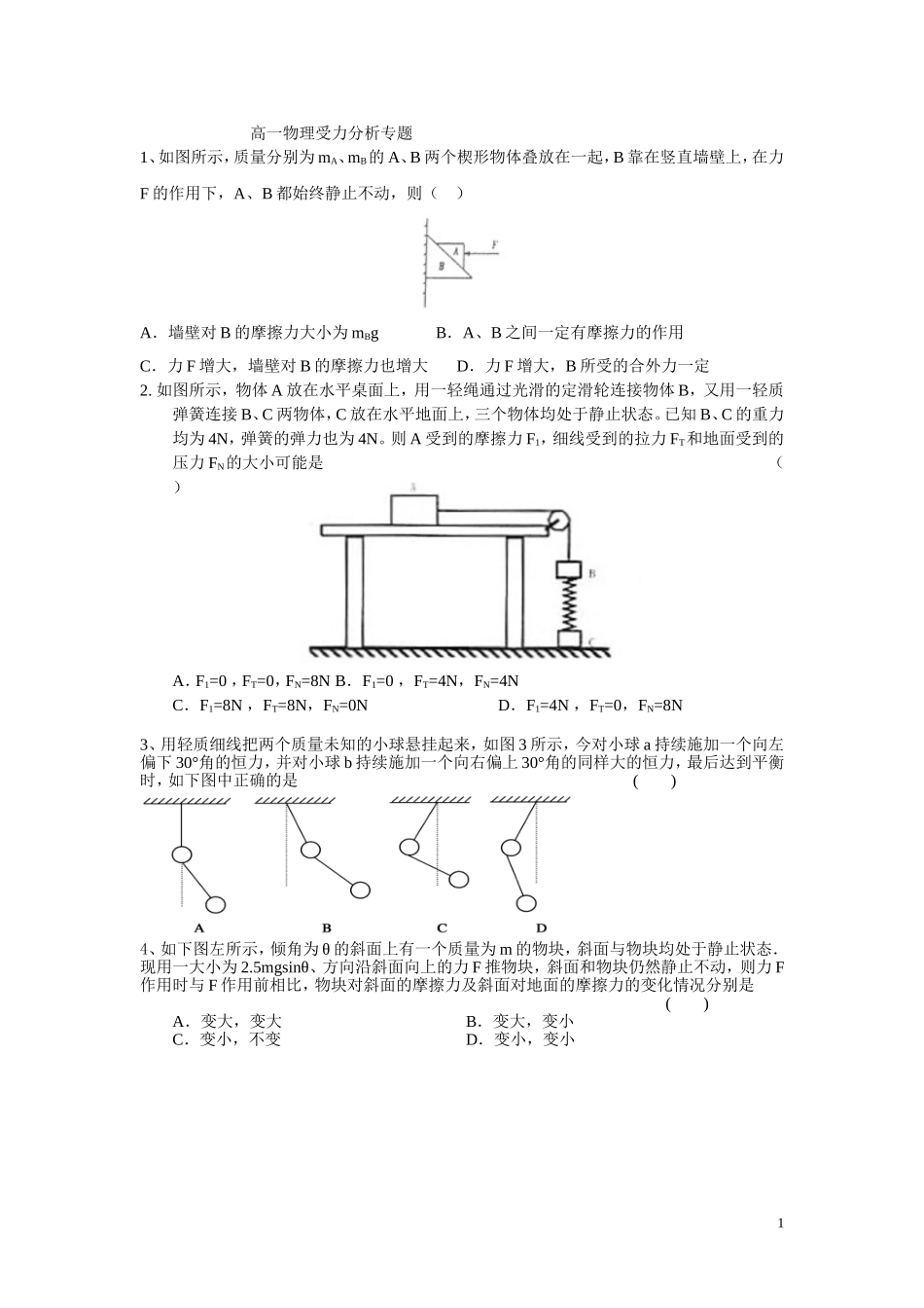 受力分析-高一物理专题训练_第1页