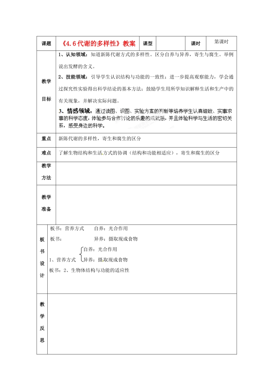 浙江省温岭市城南中学九年级科学上册《4.6代谢的多样性》教案 浙教版_第1页