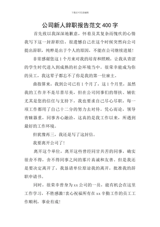 公司新人辞职报告范文400字