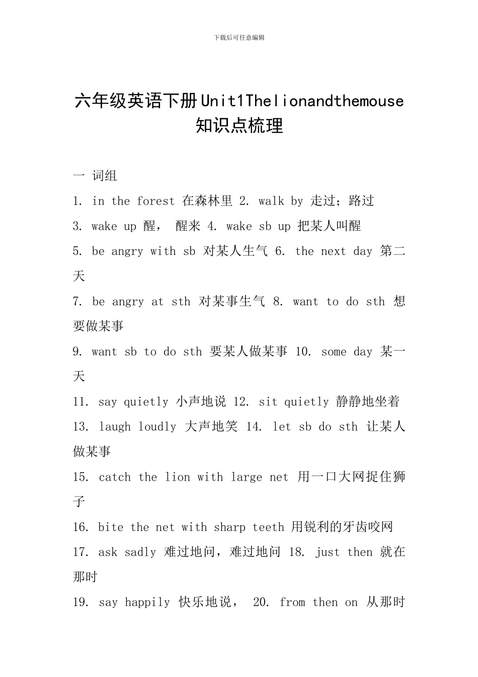 六年级英语下册Unit1Thelionandthemouse知识点梳理_第1页
