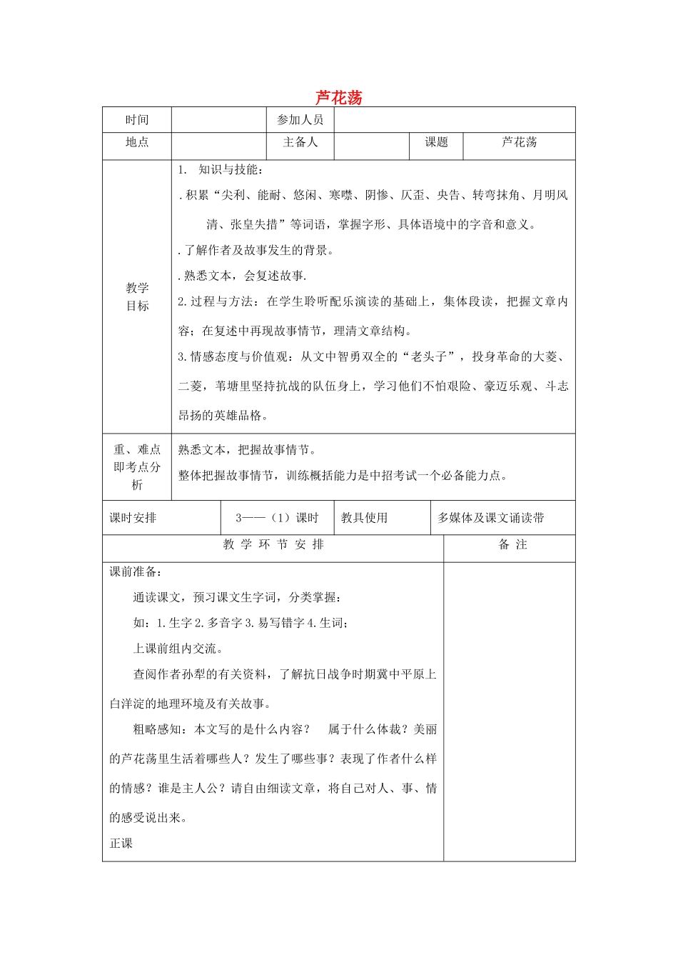 河南省洛阳市下峪镇八年级语文上册《芦花荡》第一课时教案 新人教版_第1页