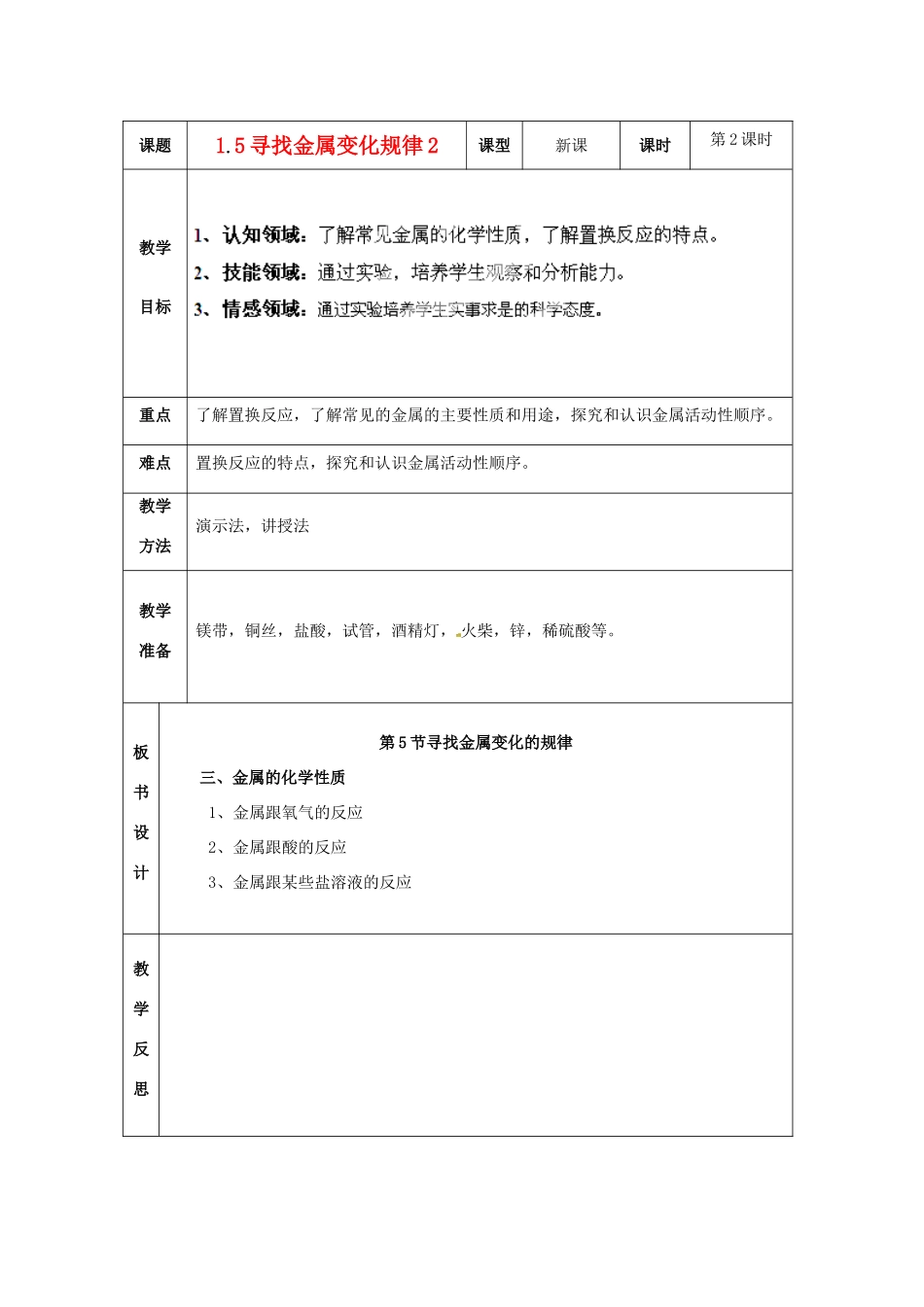 浙江省温岭市城南中学九年级科学上册《1.5寻找金属变化规律2》教案 浙教版_第1页
