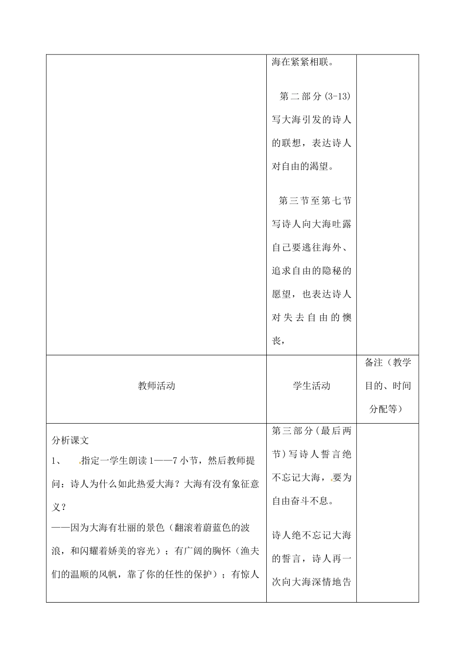 吉林省四平市第十七中学九年级语文上册《第7课 致大海》教学设计2 长春版_第3页