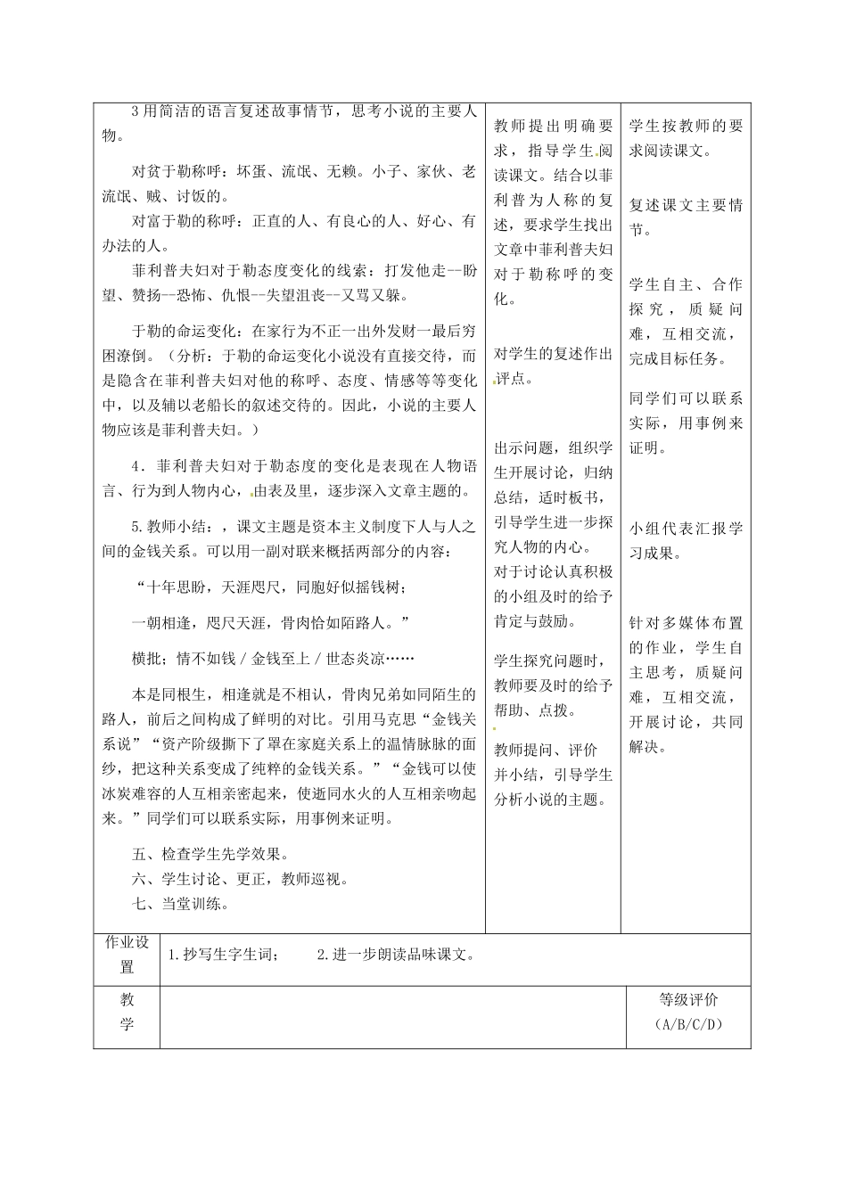 甘肃省酒泉市瓜州二中九年级语文下册 第一单元比较 探究《我的叔叔于勒》第一课时教案 北师大版_第3页