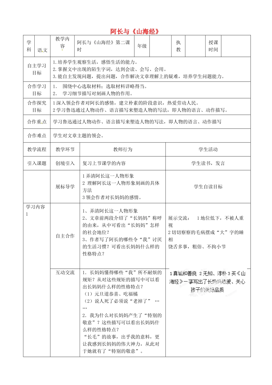 湖北省宜都市红花套镇初级中学八年级语文上册 第二单元 第6课 阿长与《山海经》（第2课时）教案 新人教版_第1页