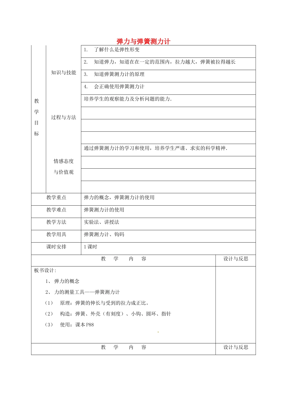 福建省厦门市集美区灌口中学八年级物理全册 第六章 熟悉而陌生的力 第三节《弹力与弹簧测力计》教案 （新版）沪科版_第1页