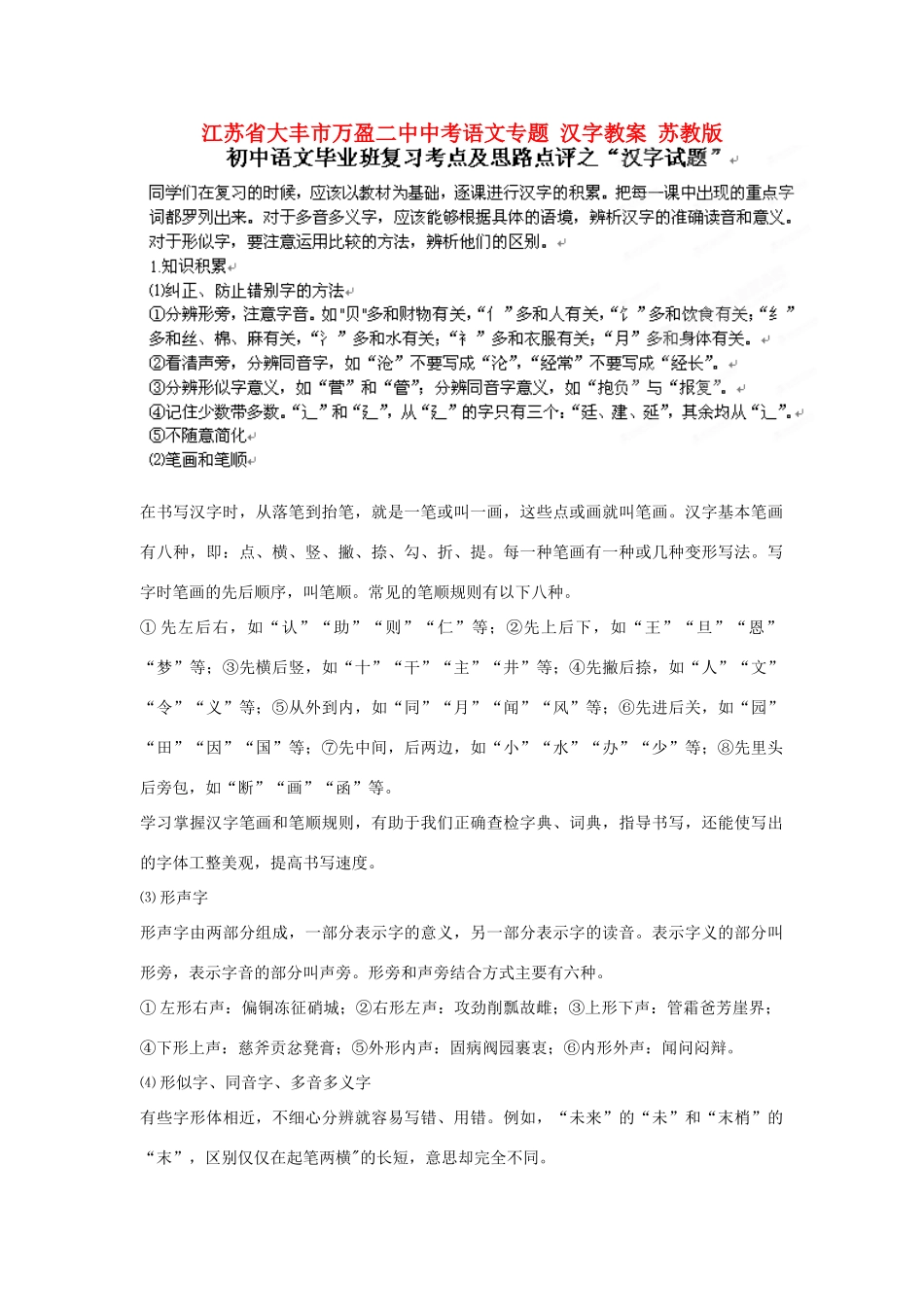 江苏省大丰市万盈二中中考语文专题 汉字教案 苏教版_第1页