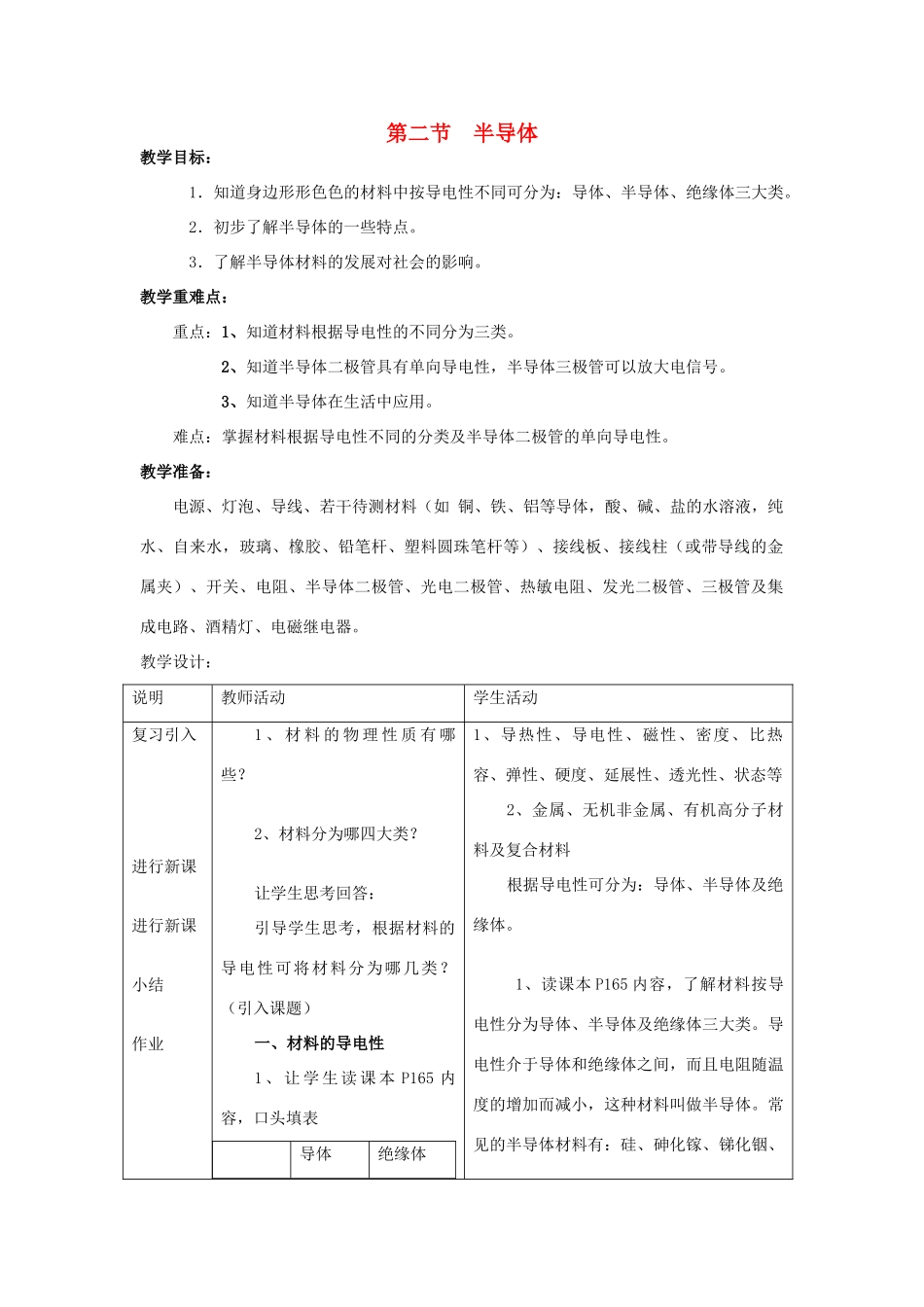 福建省泉州市泉港三川中学九年级物理全册 第十九章 第二节 半导体教案 沪科版_第1页