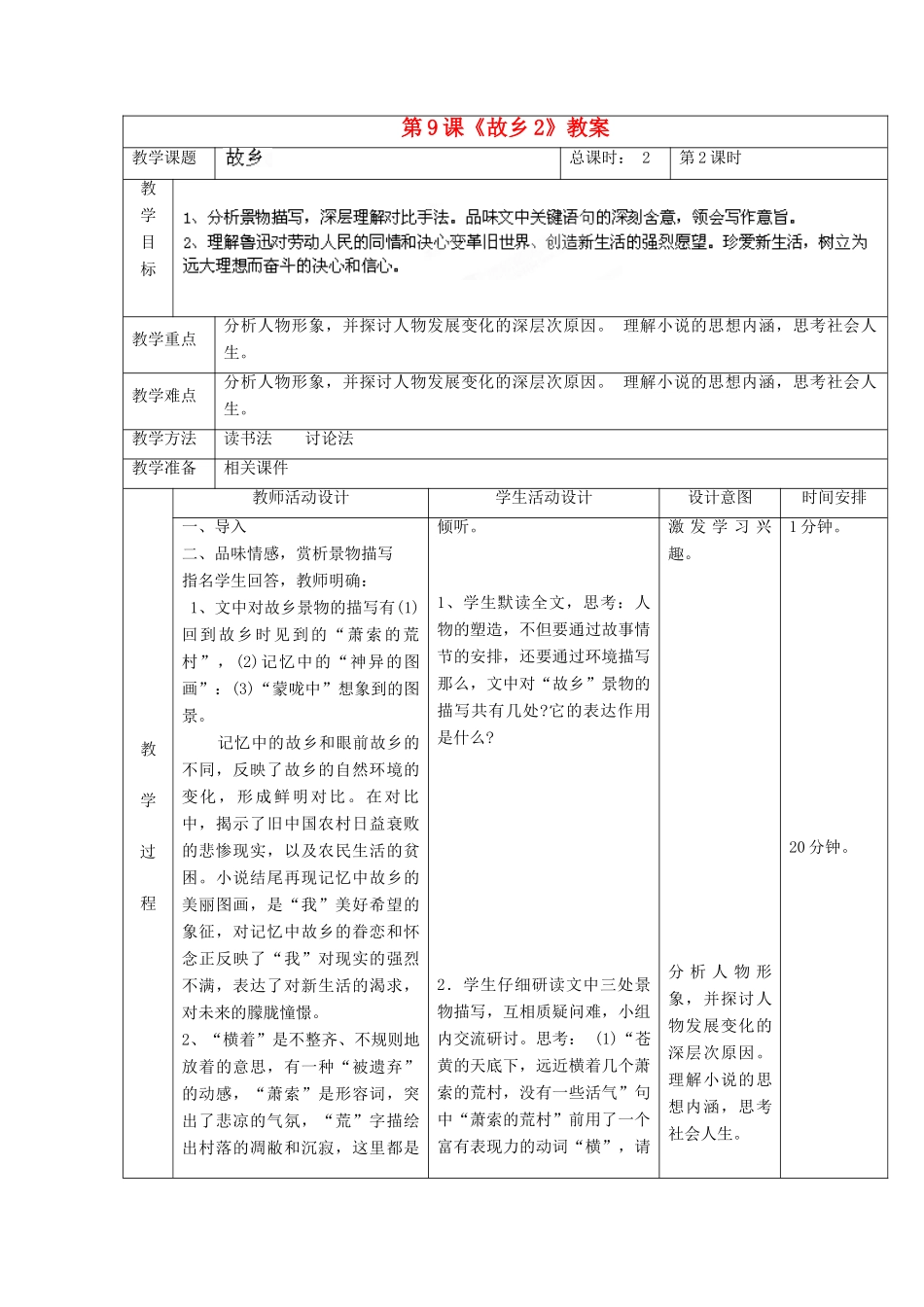 北京市顺义区大孙各庄中学九年级语文上册 第9课《故乡》教案2 新人教版_第2页
