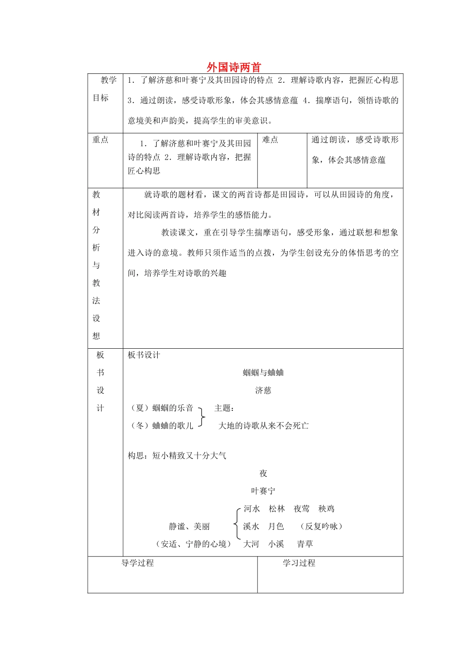 九年级语文上册《4 外国诗两首》教学设计 新人教版-新人教版初中九年级上册语文教案_第1页
