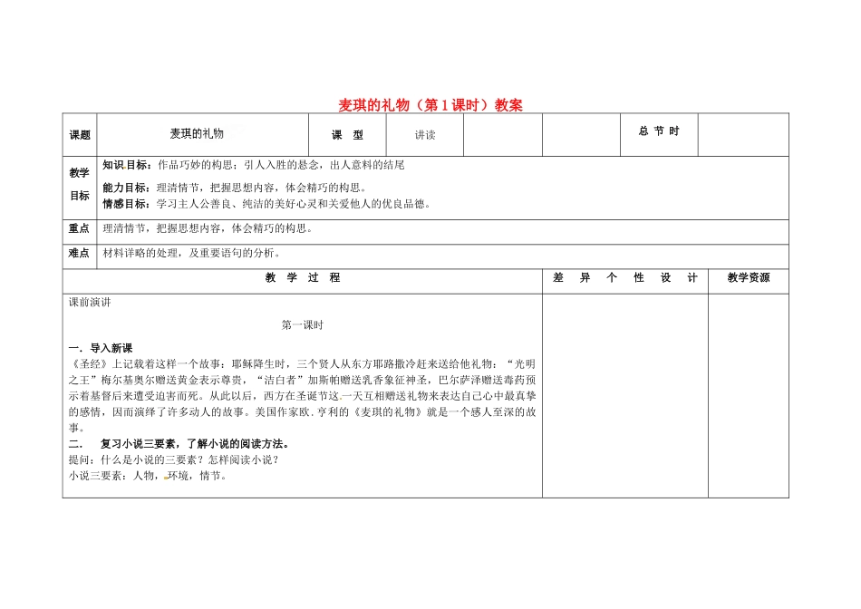吉林省长春市第一零四中学九年级语文上册 麦琪的礼物（第1课时）教案 长春版_第1页