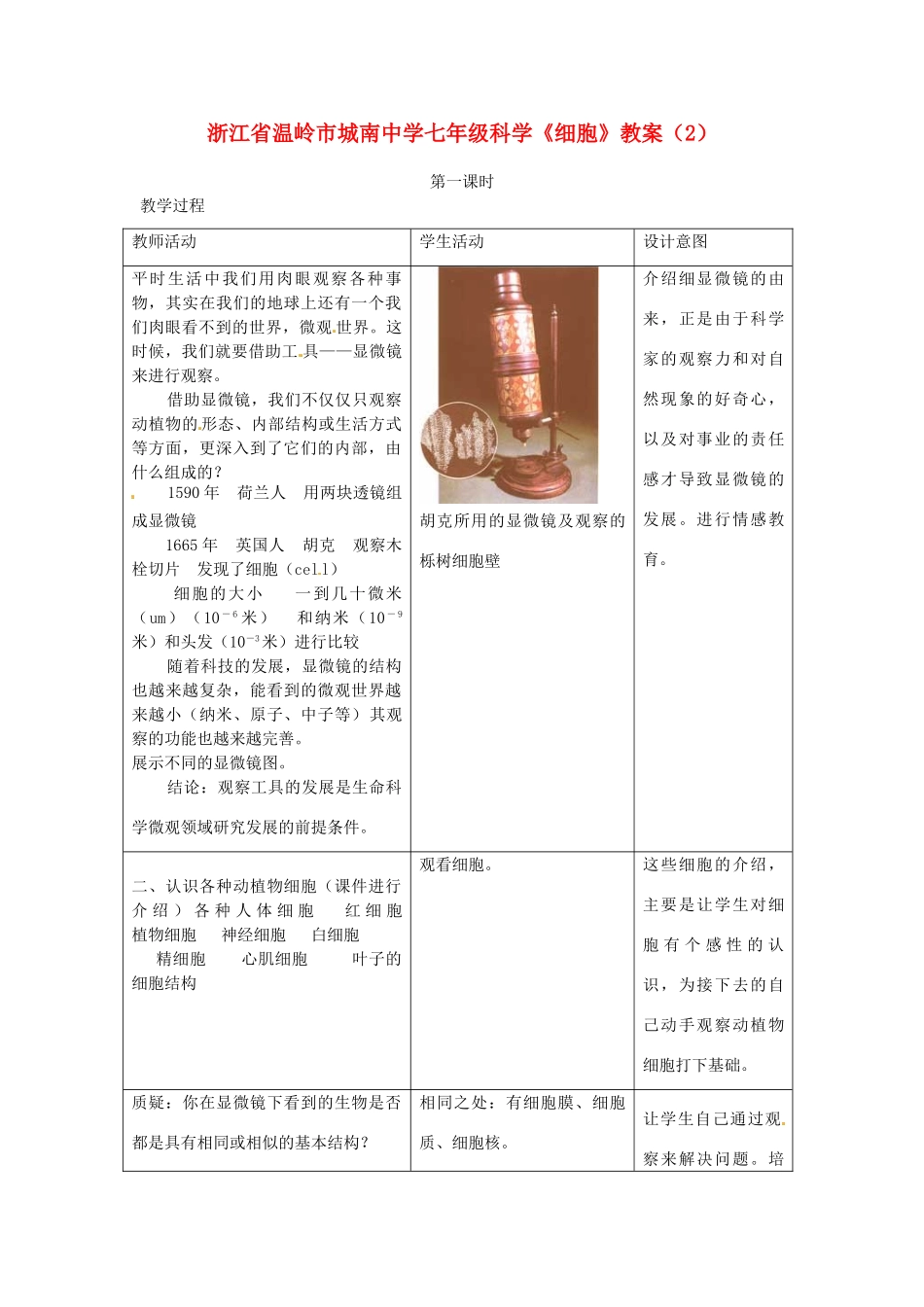 浙江省温岭市城南中学七年级科学《细胞》教案（2）_第1页