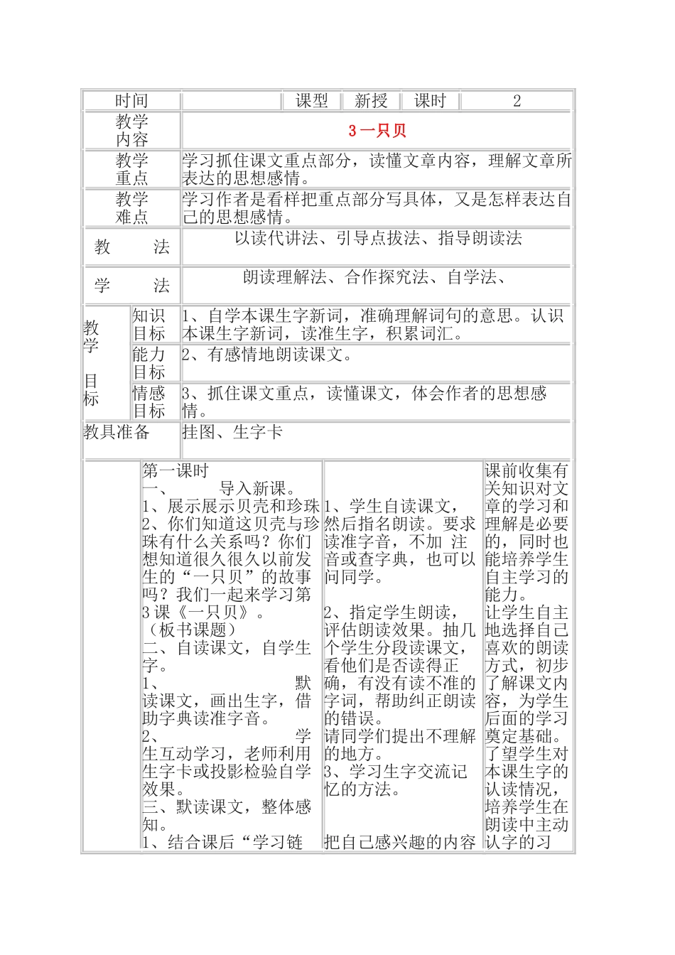 九年级语文上册 第8课《一只贝》教案 北京课改版_第1页
