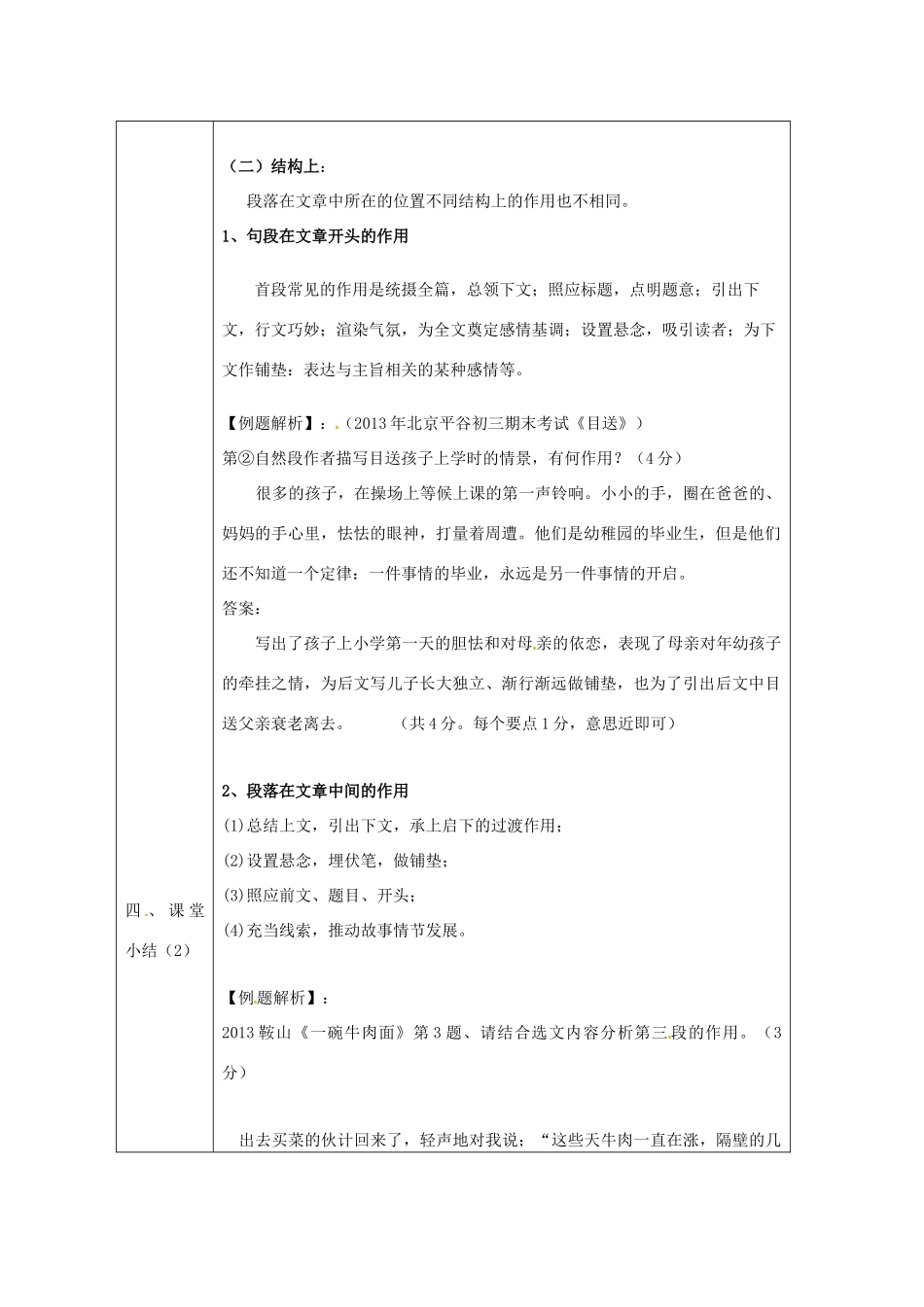 辽宁省恒仁满族自治县中考语文专题复习 记叙文 记叙文段落的作用教学设计-人教版初中九年级全册语文教案_第2页