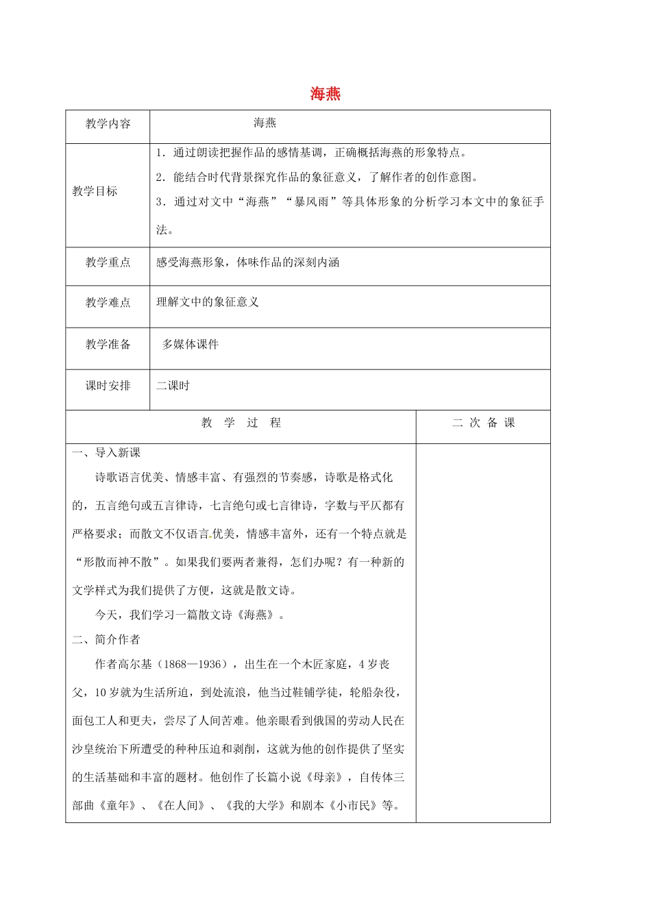 江苏省盐城市八年级语文下册 第1课 海燕教案 苏教版_第1页