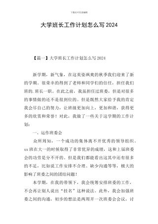 大学班长工作计划怎么写2024