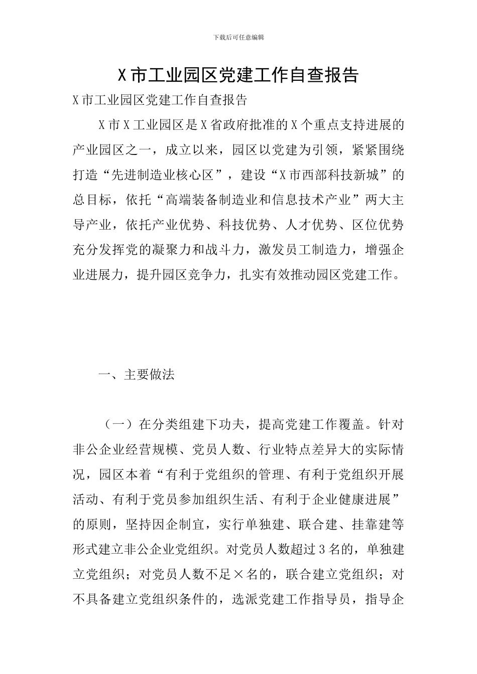 X市工业园区党建工作自查报告_第1页