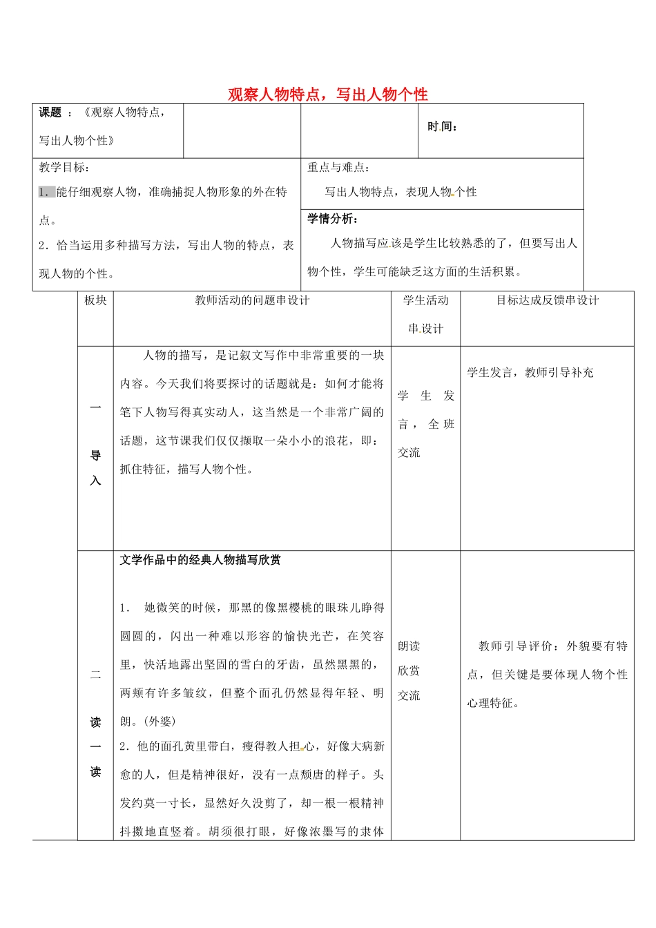 江苏省常州市中考语文 作文 观察人物特点，写出人物个性复习教案-人教版初中九年级全册语文教案_第1页