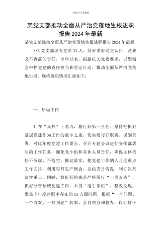 某党支部推动全面从严治党落地生根述职报告2024年最新