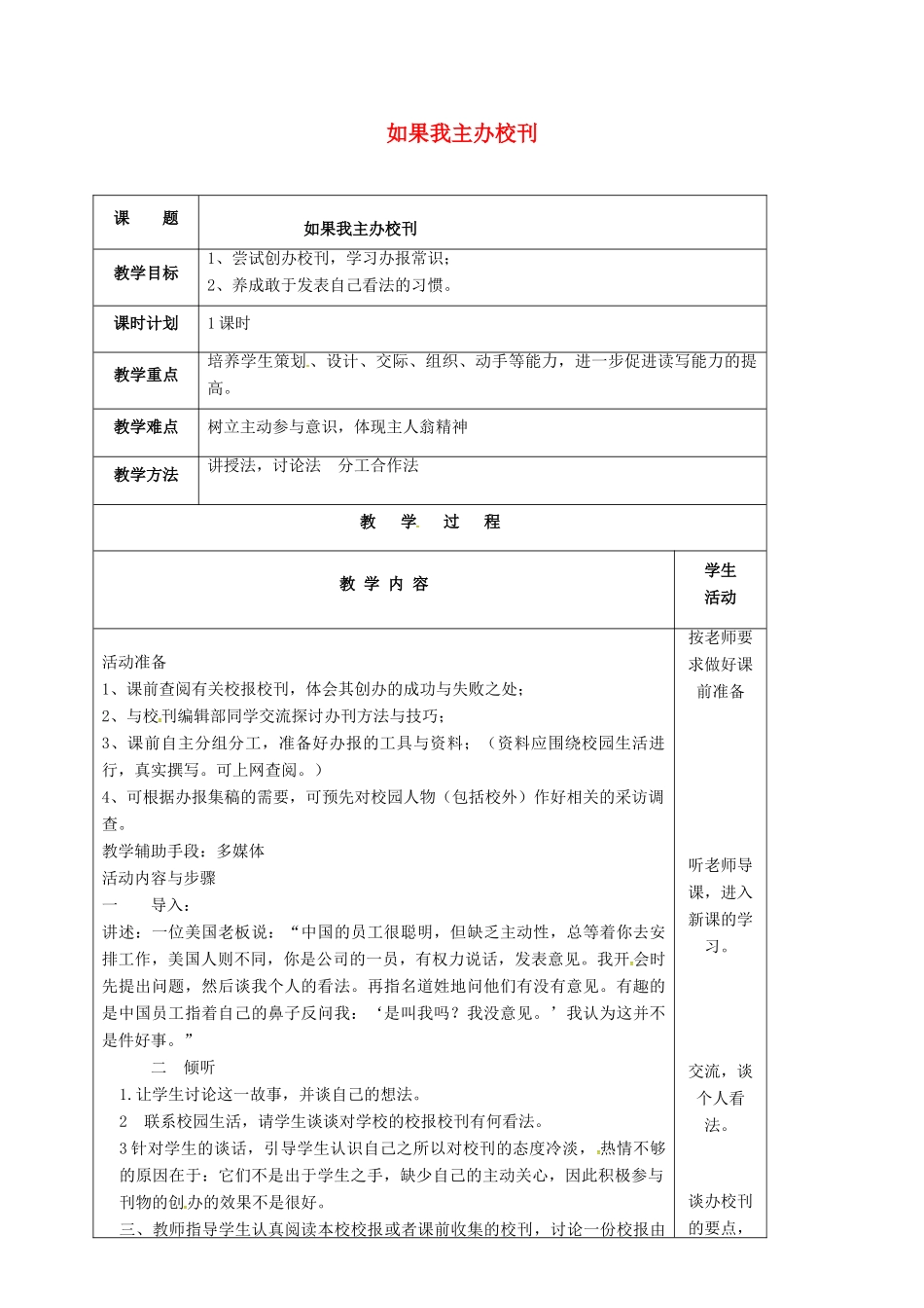 云南省峨山县八年级语文下册 第三单元 语文实践活动 如果我主办校刊教案 （新版）苏教版-（新版）苏教版初中八年级下册语文教案_第1页