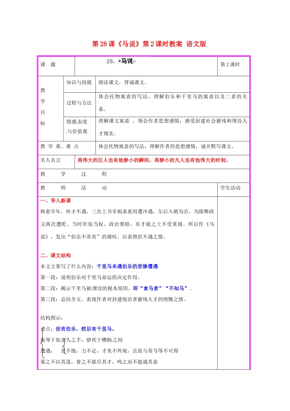 湖南省张家界市慈利县赵家岗土家族乡中学九年级语文上册 第28课《马说》第2课时教案 语文版_第1页