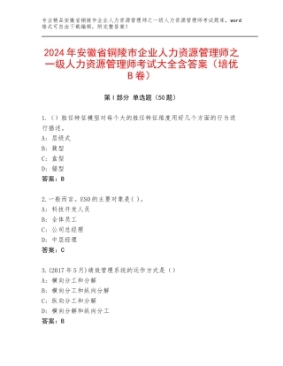 2024年安徽省铜陵市企业人力资源管理师之一级人力资源管理师考试大全含答案（培优B卷）