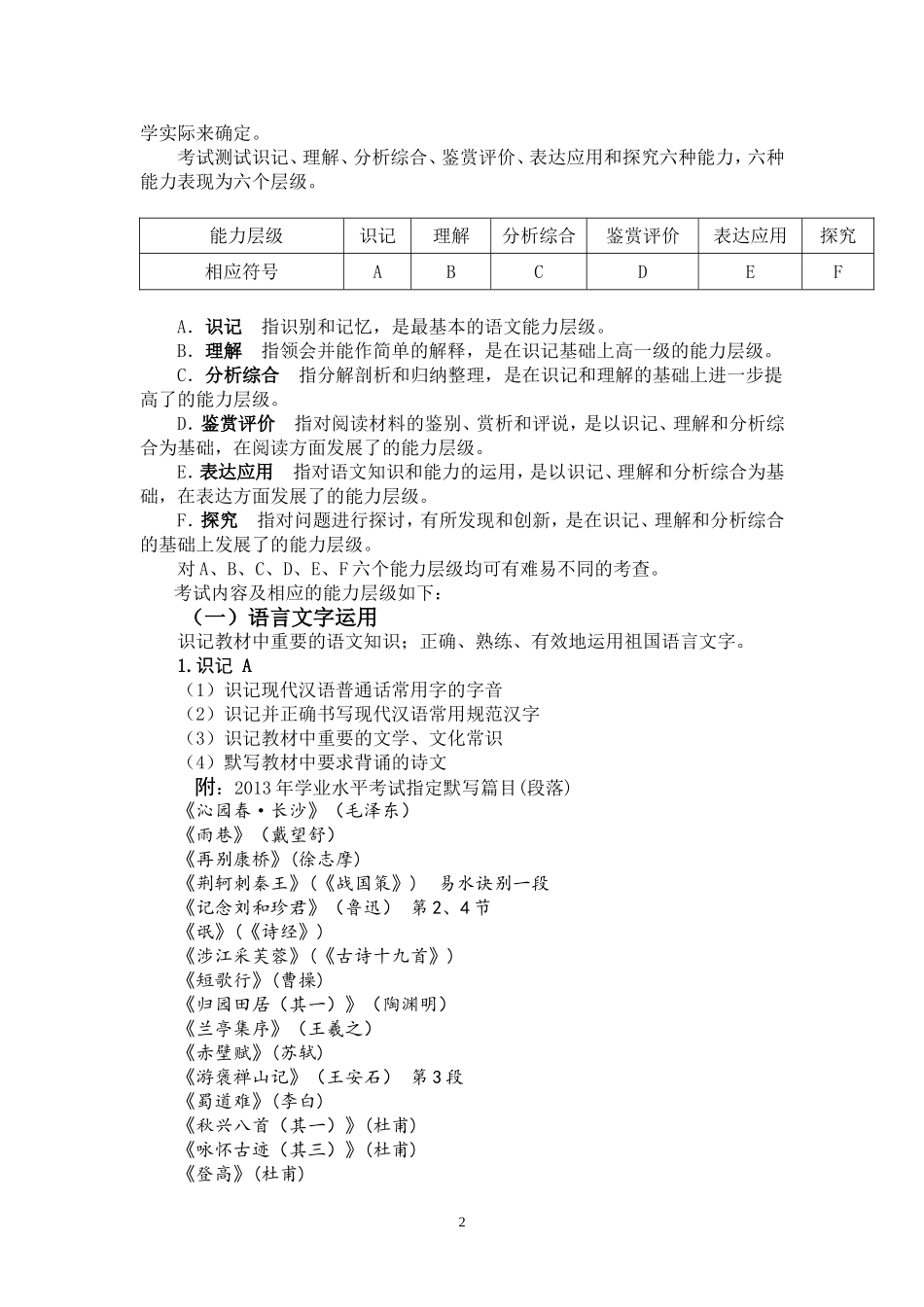 2013年湖南省普通高中学业水平考试语文、数学、外语考试大纲_第2页