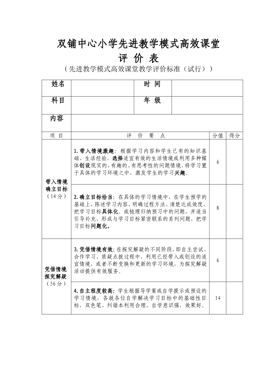 双铺中心小学情境探疑教学模式课堂评分表_第1页