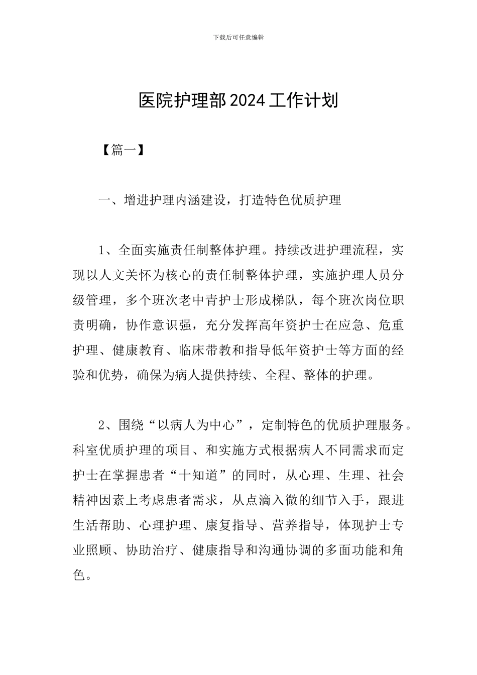 医院护理部2024工作计划_第1页