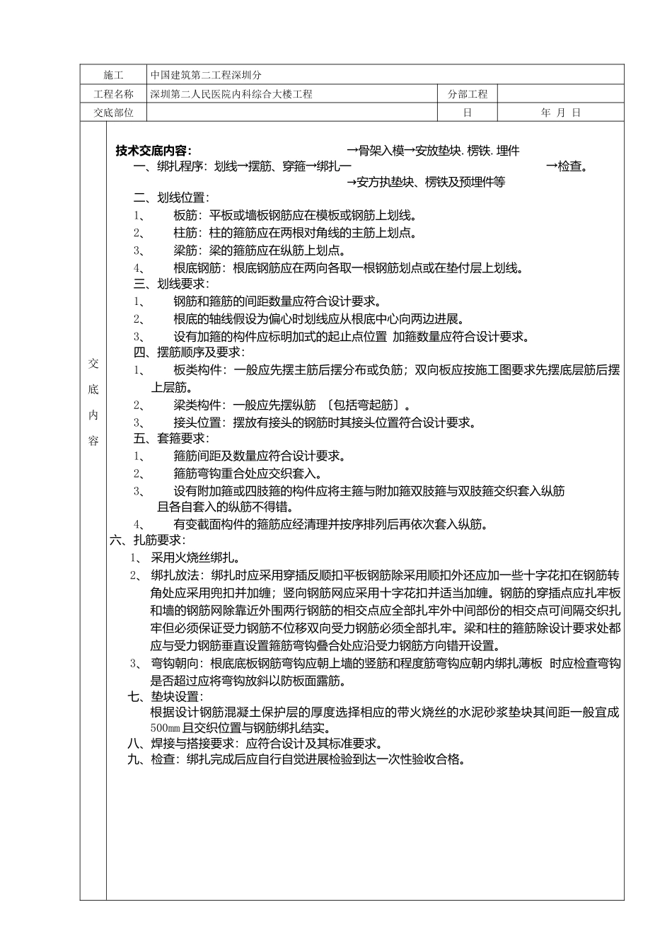 某医院内科综合大楼钢筋工程技术交底卡_第1页