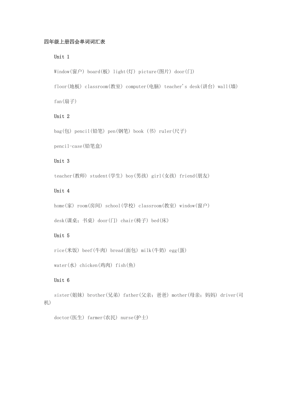 四年级上册四会单词词汇表_第1页