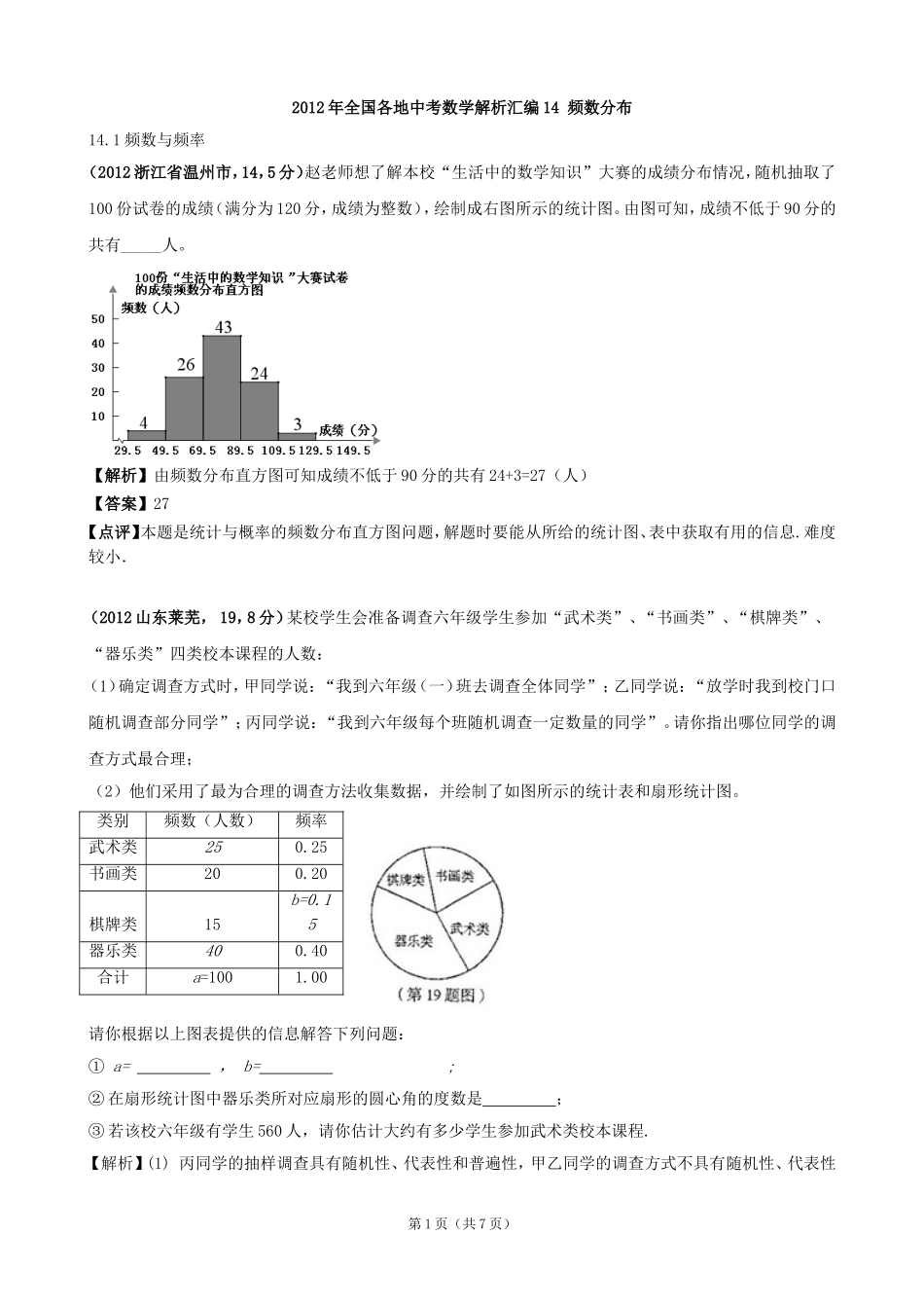 2012年全国各地中考数学解析汇编14频数分布_第1页