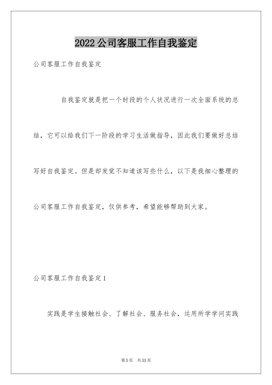 2024公司客服工作自我鉴定_第1页