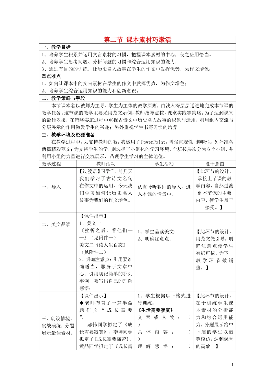 九年级语文下册古诗文教学与作文教学的整合第二节课本素材巧激活教案新人教版_第1页