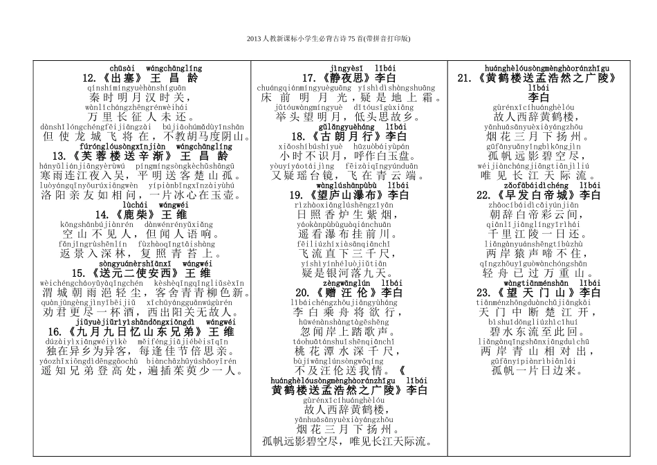 2013人教新课标小学生必背古诗75首(带拼音打印版)_第2页