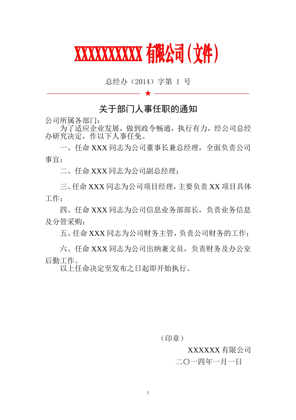 公司人事任命及岗位职责红头文件_第1页