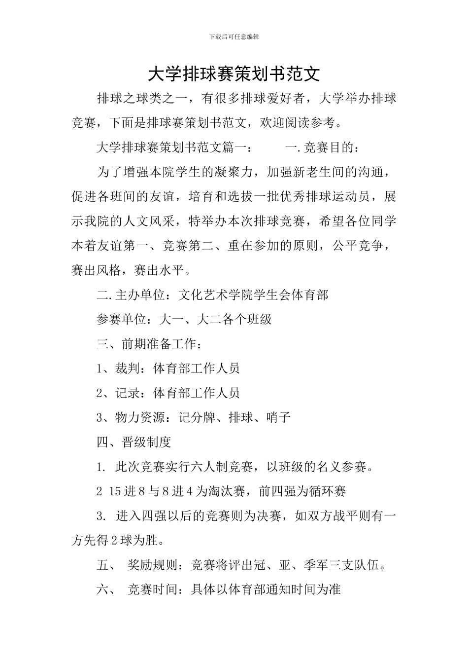 大学排球赛策划书范文_第1页