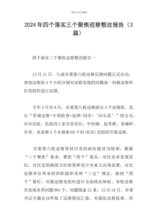 2024年四个落实三个聚焦巡察整改报告