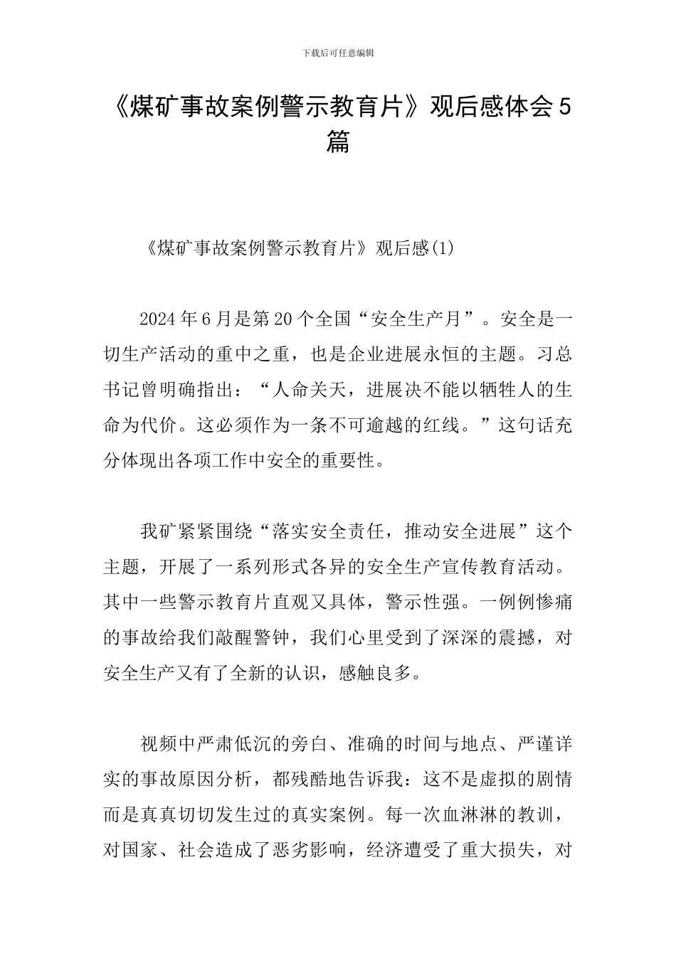 《煤矿事故案例警示教育片》观后感体会5篇_第1页