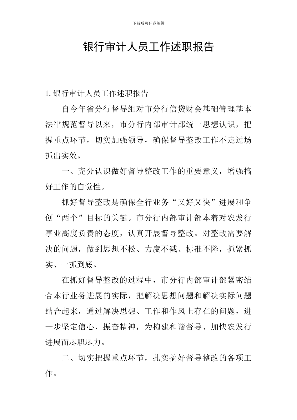 银行审计人员工作述职报告_第1页