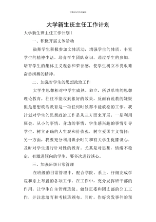 大学新生班主任工作计划