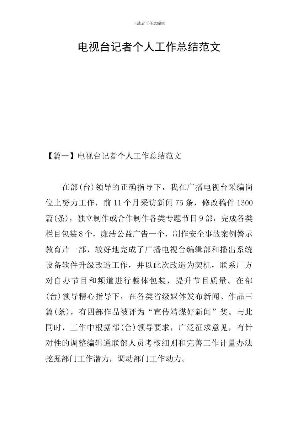 电视台记者个人工作总结范文_第1页