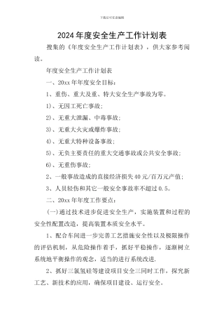 2024年度安全生产工作计划表