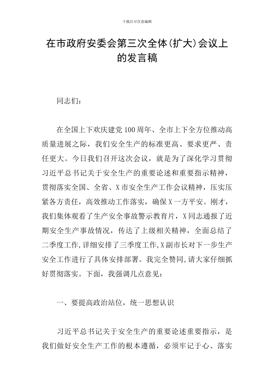 在市政府安委会第三次全体会议上的发言稿_第1页