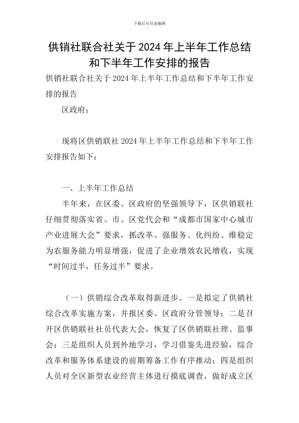 供销社联合社关于2024年上半年工作总结和下半年工作安排的报告_第1页