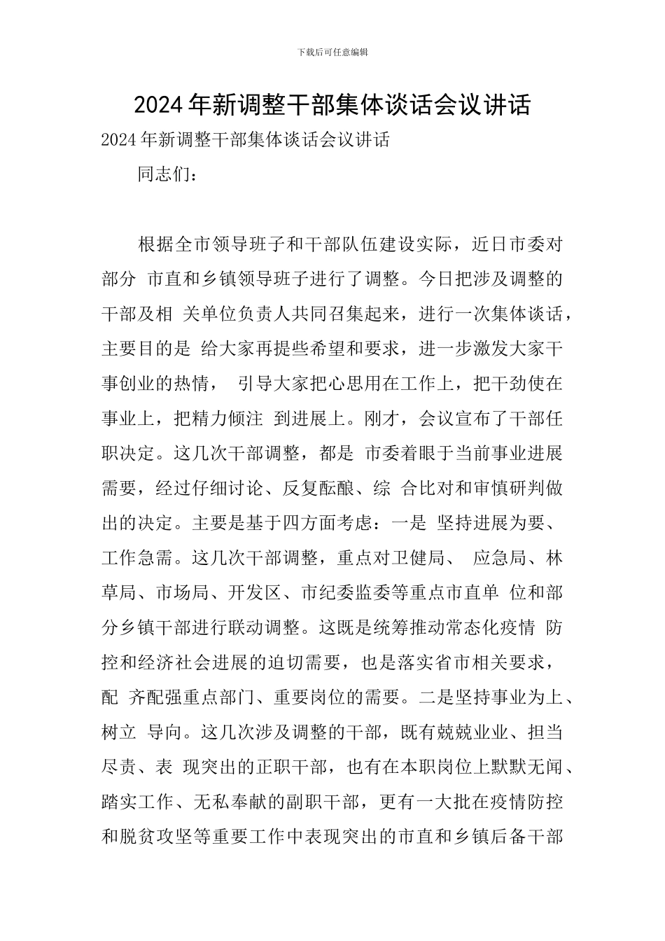 2024年新调整干部集体谈话会议讲话_第1页