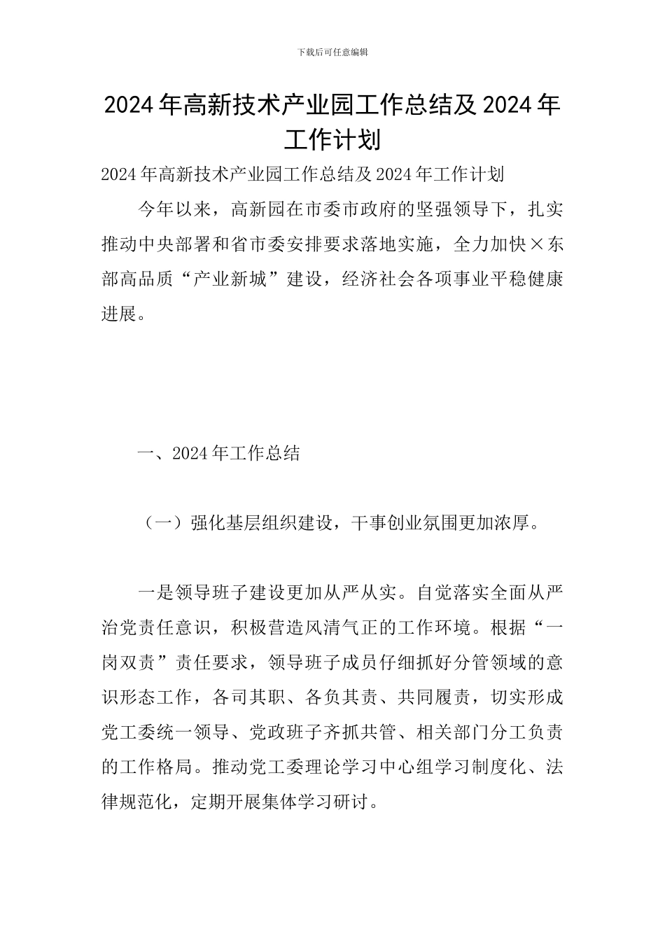 2024年高新技术产业园工作总结及2024年工作计划_第1页
