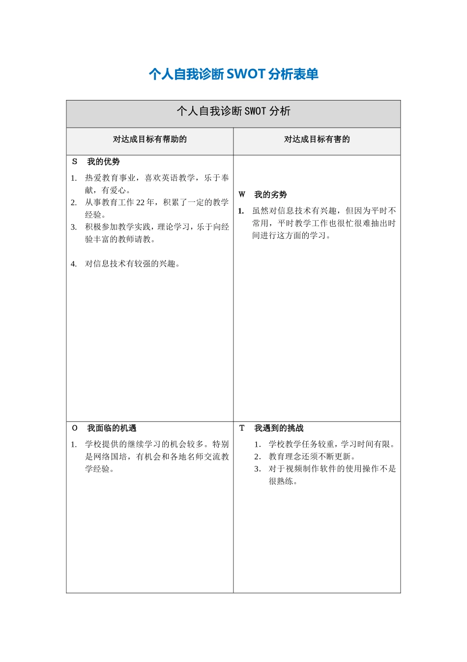 个人自我诊断SWOT分析表(3)_第1页