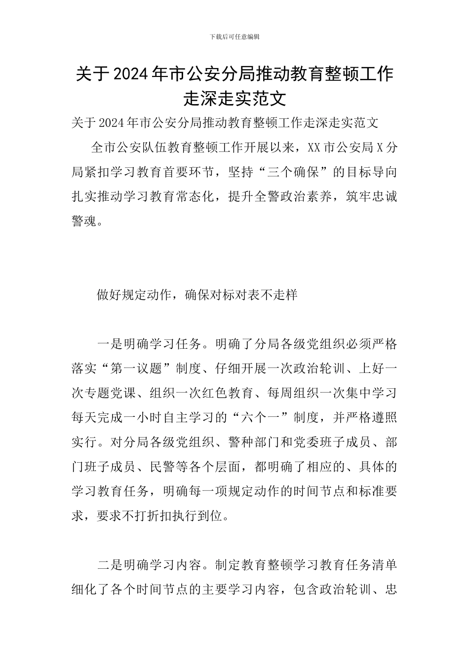 关于2024年市公安分局推进教育整顿工作走深走实范文_第1页